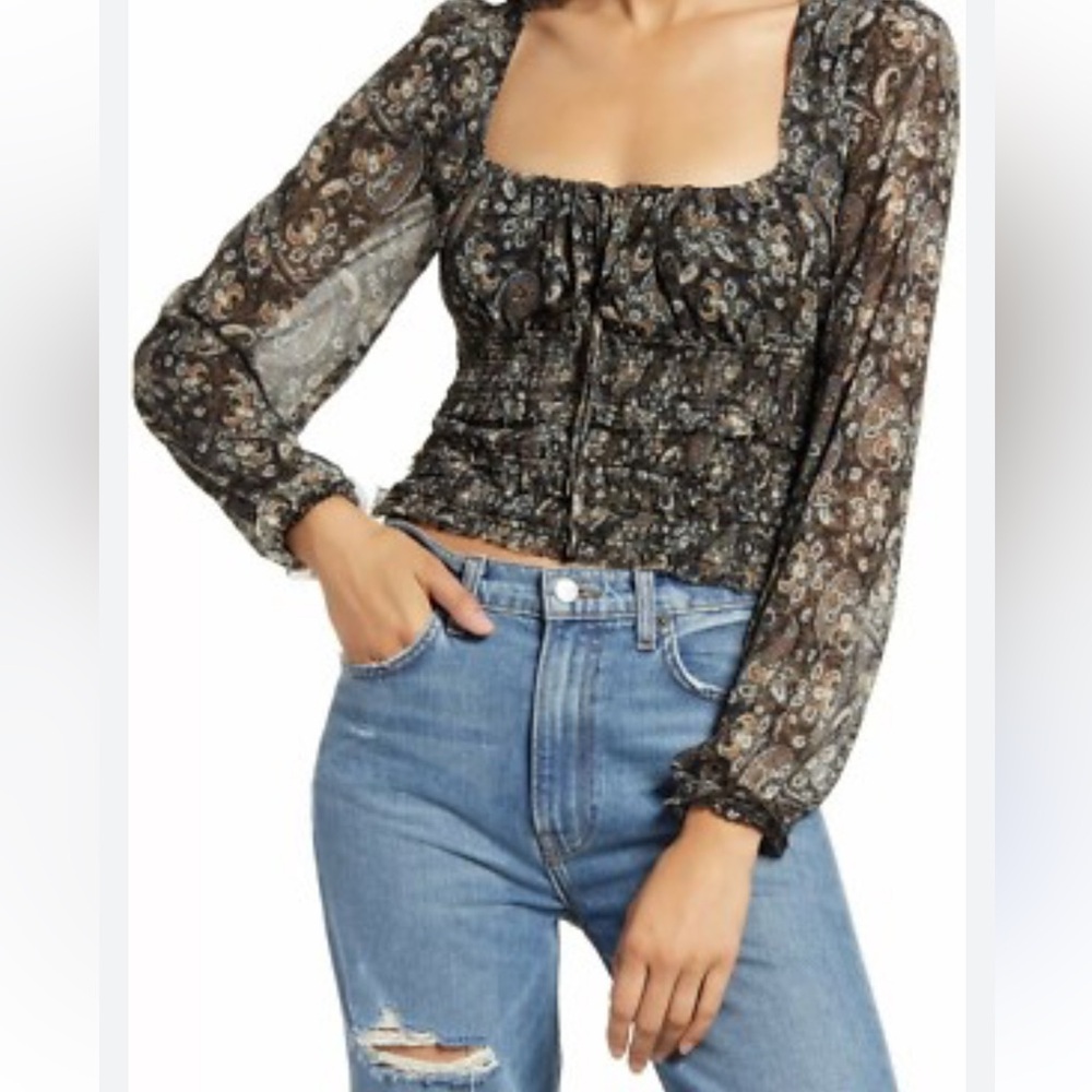 Free People Black and Gray Puff Sleeve Smocked Blouse